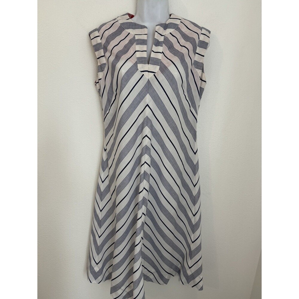 Vintage 70s Dress LISA COBB SERBIN Striped  Shirt Dress Sleeveless Blue White